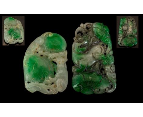 A Fine Pair of Early 20th Century Jade Carved Amulets. One Depicting Monkey and Bats, Surrounding Bulbous Fruits, The Other B
