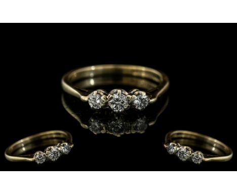 Ladies 9ct Gold Attractive 3 Stone Diamond Ring. Fully Hallmarked to Interior of Shank. The 3 Round Brilliant Cut Diamonds of