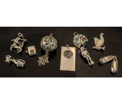 Good Collection of Vintage Sterling Silver Charms &amp; Pendants, nine in total, various sizes and designs, stylised cat, cen