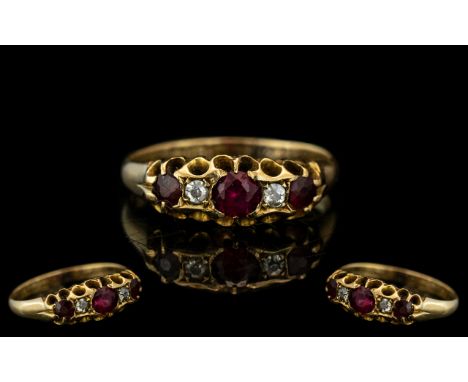 Antique Period - Attractive 18ct Gold Ruby and Diamond Set Ladies Ring, Excellent Setting. The 3 Rubies Set with Diamond Spac