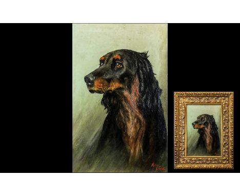 Arthur Wardle, R.I. (British, 1864-1949) Oil on Canvas Portrait Study of a Gordon Setter, signed to bottom right.  Superb con