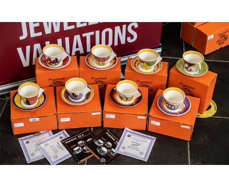 Clarice Cliff Interest - Wedgwood Limited Edition Cups &amp; Saucers Taking Tea collection, to include Honolulu, Apples, Gibr