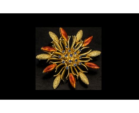 18ct Gold - Enamel and Sapphire Set Flower Brooch, Signed. A Striking Piece of Jewellery, The Central Blue Sapphires of Good 