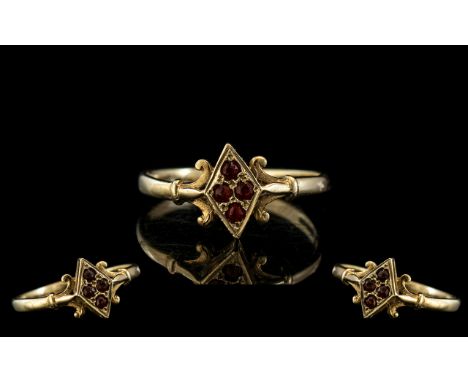 Petite Attractive 9ct Gold Garnet Set Ring. Hallmark to Interior of Shank. Ring Size O. 1.7 grams. 