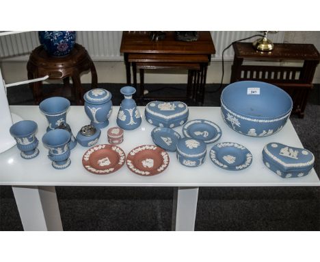 Collection of Wedgewood Blue Jasper Ware. ( 17 ) Pieces In Total. Includes Trinket Dishes, Table Lighters, Bud Vases, Pin Tra