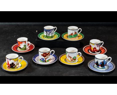 Clarice Cliff Interest - Wedgwood Bradford Exchange Cups &amp; Saucers, comprising Cafe Chic 'Windmill', 'Blue Firs', 'Brookf