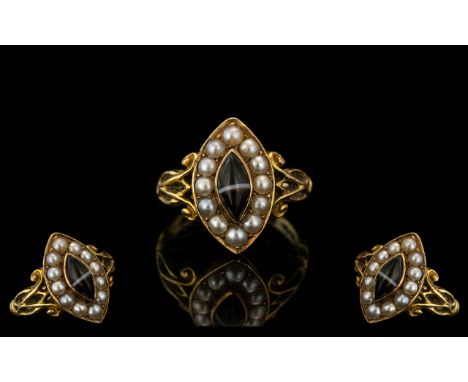 Antique Period 19th Century 18ct Gold Tigers Eye and Seed Pearl Set Exquisite and Petite Ring. Excellent Colour and Design. M