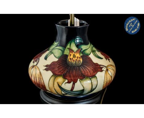 Moorcroft Large Bulbous Shaped Lamp, From The Anna Lily Collection. Approx 10 Inches High ( Not Including the Fixtures ) Come