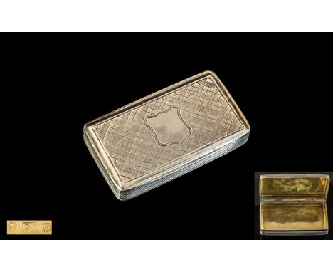Victorian Period ( Early ) Sterling Silver Snuff Box ( Hinged ) of Rectangular Form, With Vacant Cartouche and Gilt Interior.