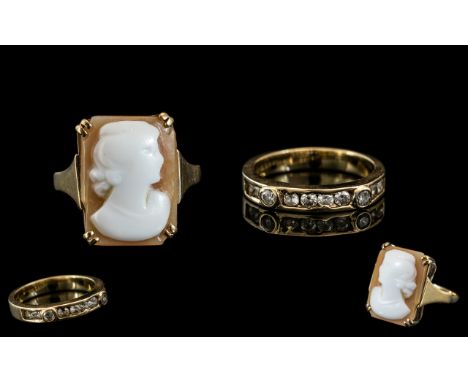 9ct Gold Half Eternity Ring Set with Round Cut Diamonds, ring size I, together with a 9ct gold cameo set ring.
