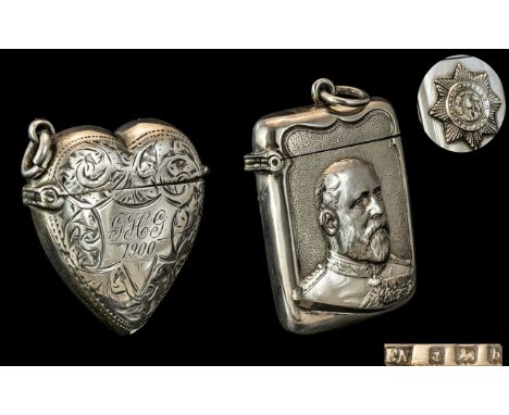 Edwardian Period - Military Silver Hinged Vesta Case, With Portrait of Edward VII ( King ) to Front Cover and Badge of the Ch