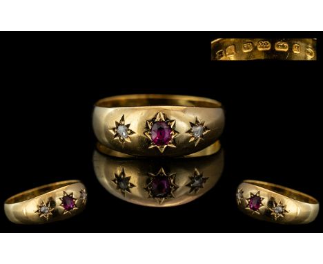 Victorian Period Ladies 22ct Gold Attractive Diamond and Ruby Set Ring, Band Design. Full Hallmark to Interior of Shank. Birm