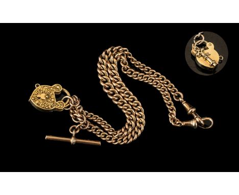 Victorian Period - Superb Quality 9ct Gold Double Albert Watch Chain with Large Attached Ornate Decorative Padlock and Key, A