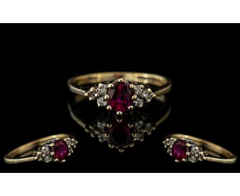 Ladies - Attractive 9ct Gold Petite Ruby and Diamond Set Ring. Fully Hallmarked to Interior of Shank. Ruby and Diamond of Goo