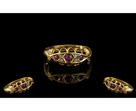 Edward Period Attractive and Petite 18ct Gold Ruby and Diamond Set Dress Ring. Full Hallmark for Birmingham 1912, Also Marked