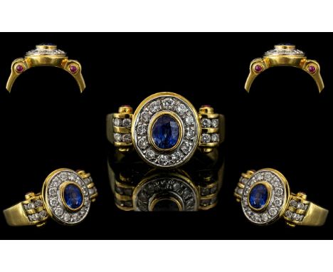 18ct Gold Attractive Sapphire and Diamond Set Dress Ring. Excellent Design, Marked 750 - 18ct to Interior of Shank. The Cornf