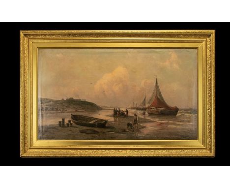 After H Eschke Framed Oilograph Antique untitled oil over print base, depicting a coastal scene with figures and boats. House