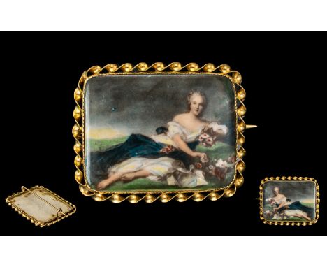 Antique Period Brooch Early Century - A Superb Quality Hand Painted Miniature Ceramic Painting of a Reclining Young Lady with