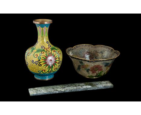 Three Pieces of Oriental Ware, to include a Jade bar, a cloisonne style vase and a Plique-à-Jour bowl.