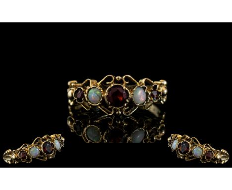 Antique Period 18ct Gold Attractive Opal and Garnet Set Ring. Ornate Shank / Setting. Full Hallmark to Interior of Shank. Rin