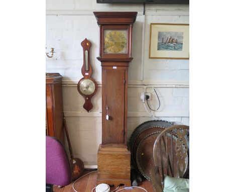 An oak longcase clock, the brass 10 inch dial with scroll spandrels and engraved Thomas Ollive Cranbrook to the centre, the 3