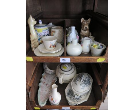 A Poole Pottery lidded jam jar, a nursery part tea service, a Sylvac figure of a dog, and other various ceramics (3 trays) 