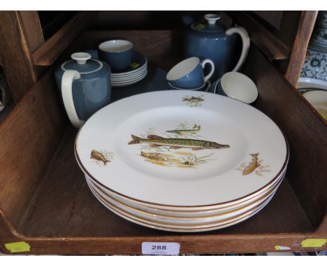 A Poole Pottery part coffee service, in teal, and a set of six Pall Mall bone china plates depicting English fish species 