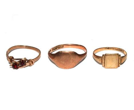 Two 9 carat gold signet rings and a faux gold ring 