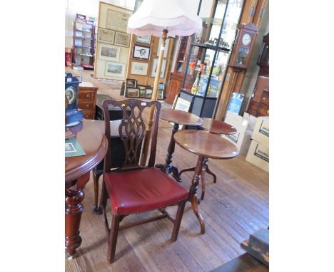 A George III style mahogany dining chair, with interlaced splat, leather seat and square legs joined by stretchers, a mahogan