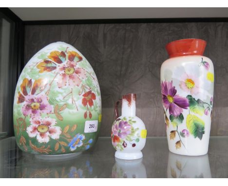 A hand painted Victorian opaline glass lamp shade and two opaline glass vases 