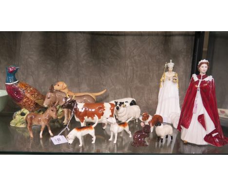 Beswick farm figures, including ram, donkeys, hunting hounds, dogs, pheasant, Royal Doulton figure of a pig, Coalport and Roy