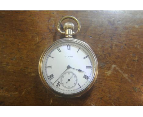POCKET WATCH - A gold plate Elgin pocket watch, movement number 27927185. Enamel dial with Roman numeral markers & subsidiary