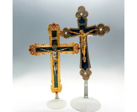 Carved INRI silver toned cross with gilded Jesus 10.5"H. INRI gold toned metal with faux stones depicting crucifixion 10.5"H.