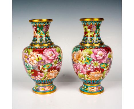 2 beautiful vases adorned in colorful enamel wildflowers and brass accents. Dimensions: 5"W x 9.25"HCountry of Origin: ChinaC