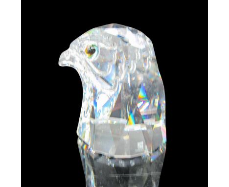 Clear crystal bust of a falcon head with green and black crystal eyes. Swarovski backstamp. 7645100000. This item has its ori