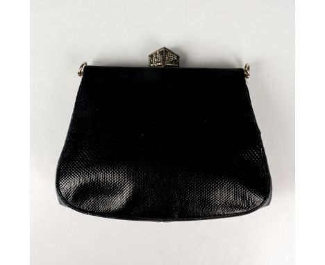 Art deco style bag with removable straps, black glossy lizard skin exterior and black satin lined interior. Silver-tone frame