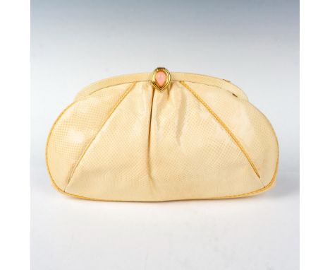 Lovely vintage, cream colored snakeskin, glossy exterior evening bag with gold-tone frame and clasp featuring rose quartz acc