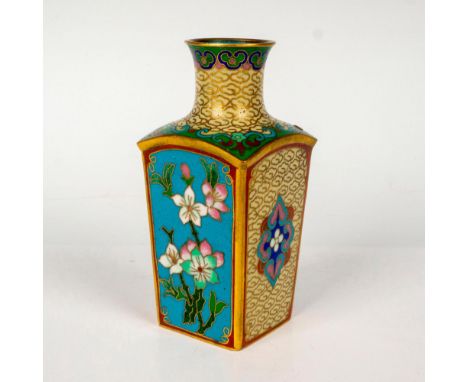 A small rectangular brass vase with enamel ground and cherry blossoms. Jingfra sticker on the base. Dimensions: 1.75"L x 1.75
