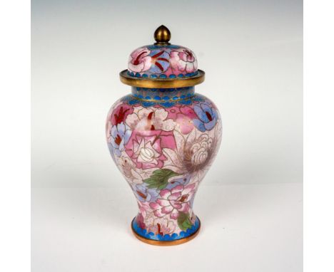 A small brass and enamel urn with pink and lilac flowers. Dimensions: 4"W x 7"HCountry of Origin: ChinaCondition: Age related