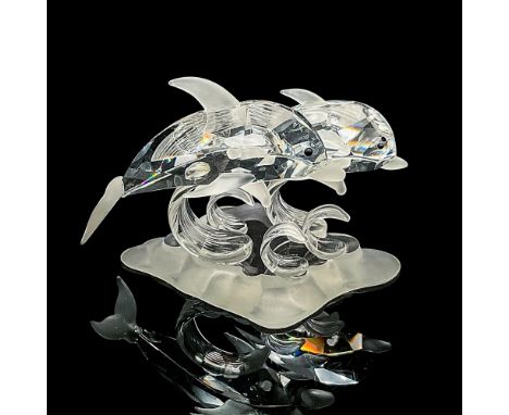 Clear crystal figural with frosted fins atop waves on frosted base. Asfour backstamp. This item has its original box: 5"L x 5