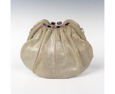 Classy vintage, sage green glossy lizard leather exterior with silver-tone accents, amethyst like stones along the frame and 