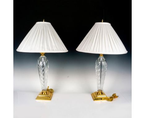 2 beautiful clear crystal lamps with brass bases and original white Waterford lampshades. Waterford markings on the lamps, as