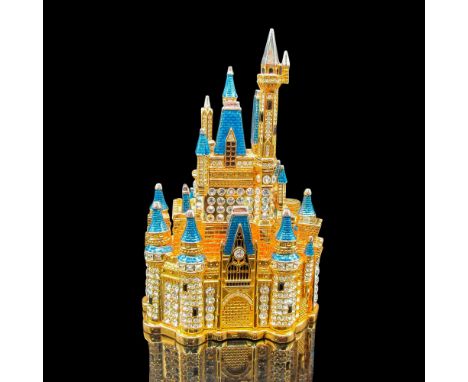 Crystal adorned, gilded castle to celebrate Disney's Golden Anniversary. Blue metal-colored spires. Black crystal accents for