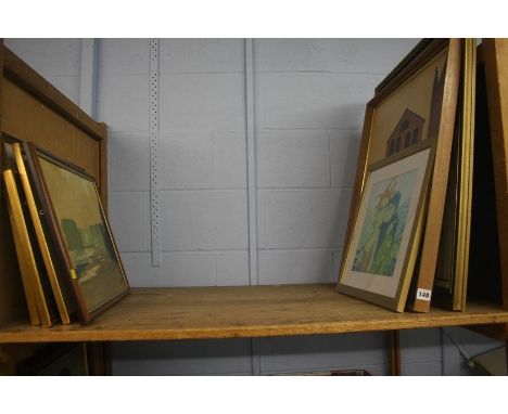 Shelf of pictures, including an oil of Marsden grotto by Inkster etc