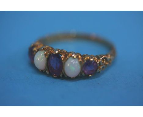 A 9ct gold Victorian opal and amethyst five stone ring