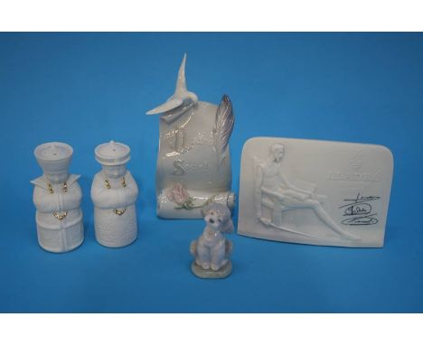 Lladro Society plaques, a dog and a pair of salt and peppers, all boxed