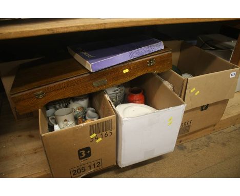 Shelf of assorted, canteen of cutlery, tea set etc.