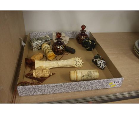 Tray of bone figures, enamel panda, perfume bottle etc.