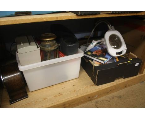 Two boxes of assorted, mantle clock, lamp etc.