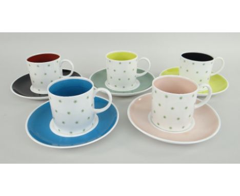 SET OF FIVE SUZY COOPER BONE CHINA CUPS &amp; SAUCERS in mixed colour ways